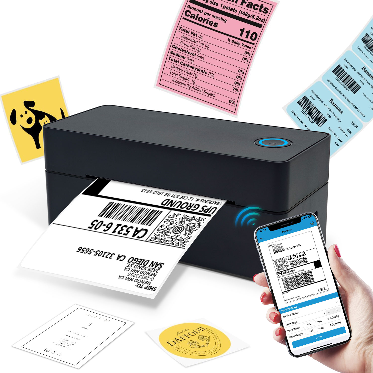 Commercial Label Printing Machine - เครื่องพิมพ์ฉลากบาร์โค้ดแบบไร้สาย OEM ขนาด 110 มม. 4*6
